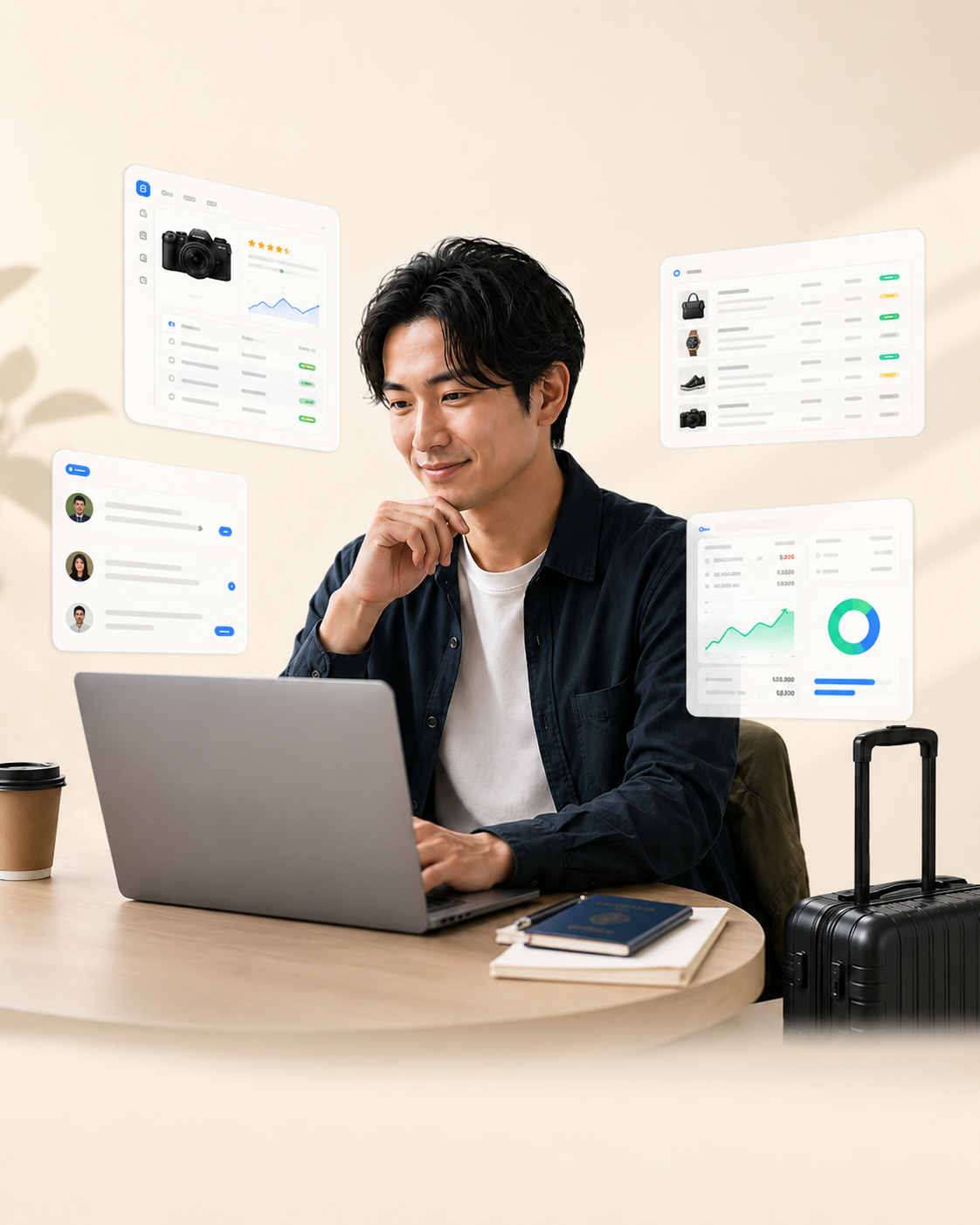 ノートPCで物販を管理する人物